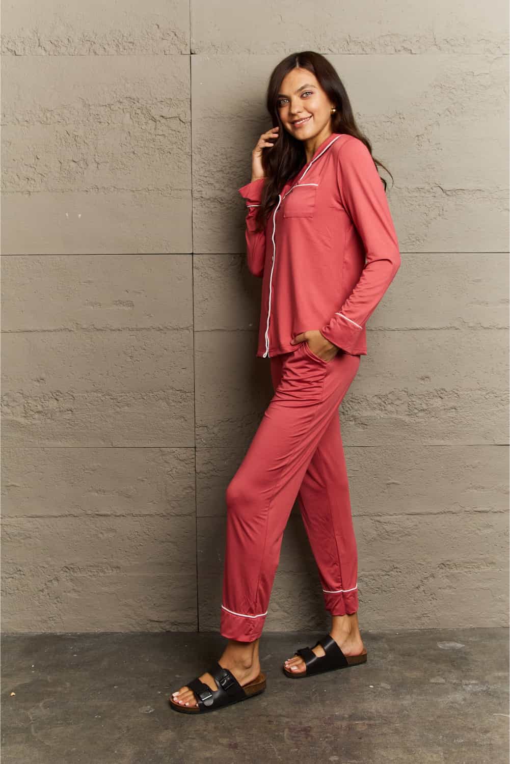Ninexis Buttoned Collared Neck Top and Pants Pajama Set BLUE ZONE PLANET
