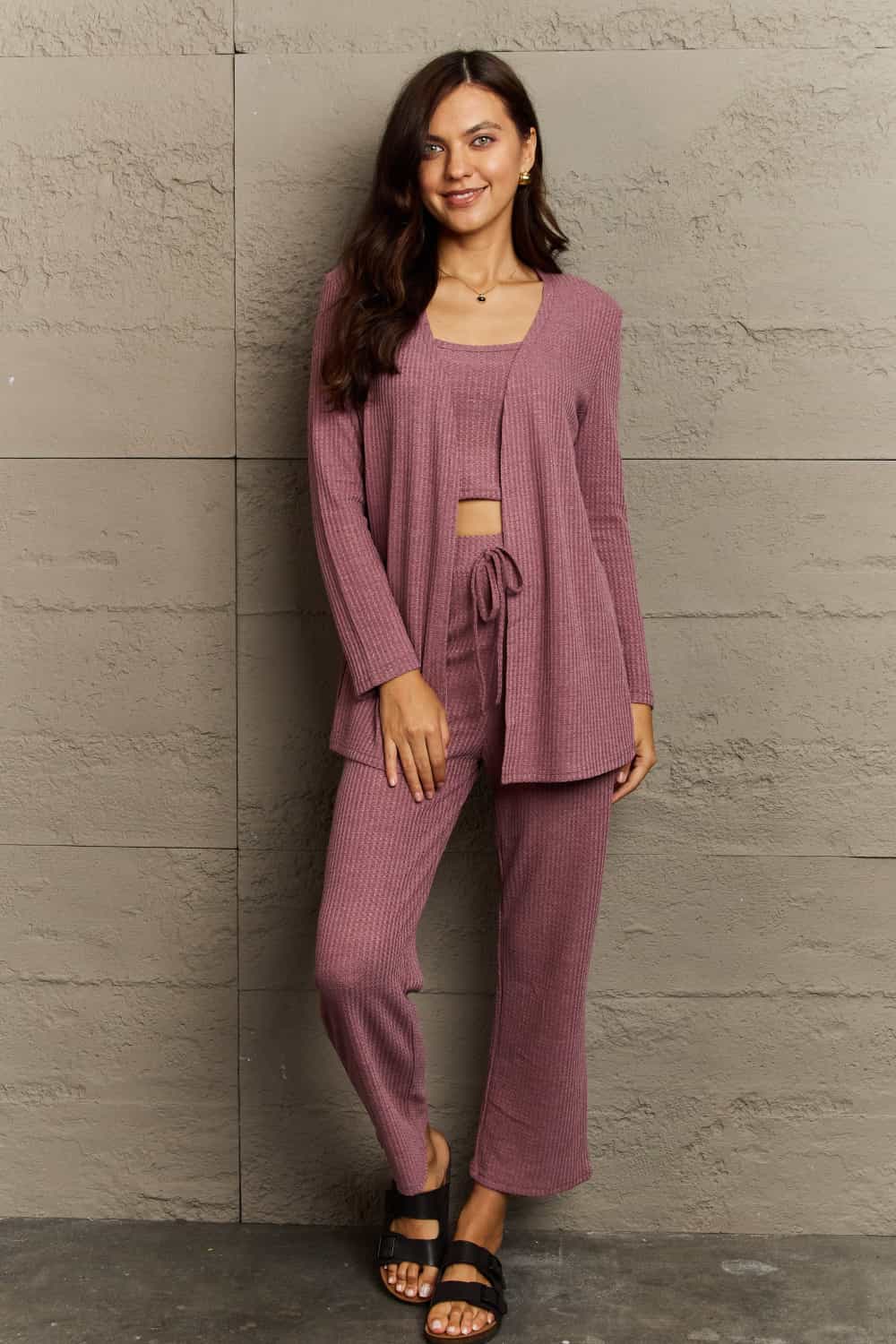 Ninexis Full Size Cropped Top, Long Pants and Cardigan Lounge Set BLUE ZONE PLANET