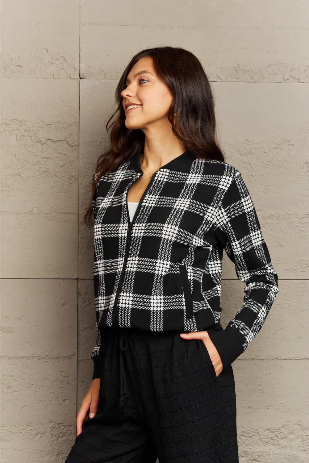 Ninexis Full Size Plaid Round Neck Long Sleeve Jacket BLUE ZONE PLANET