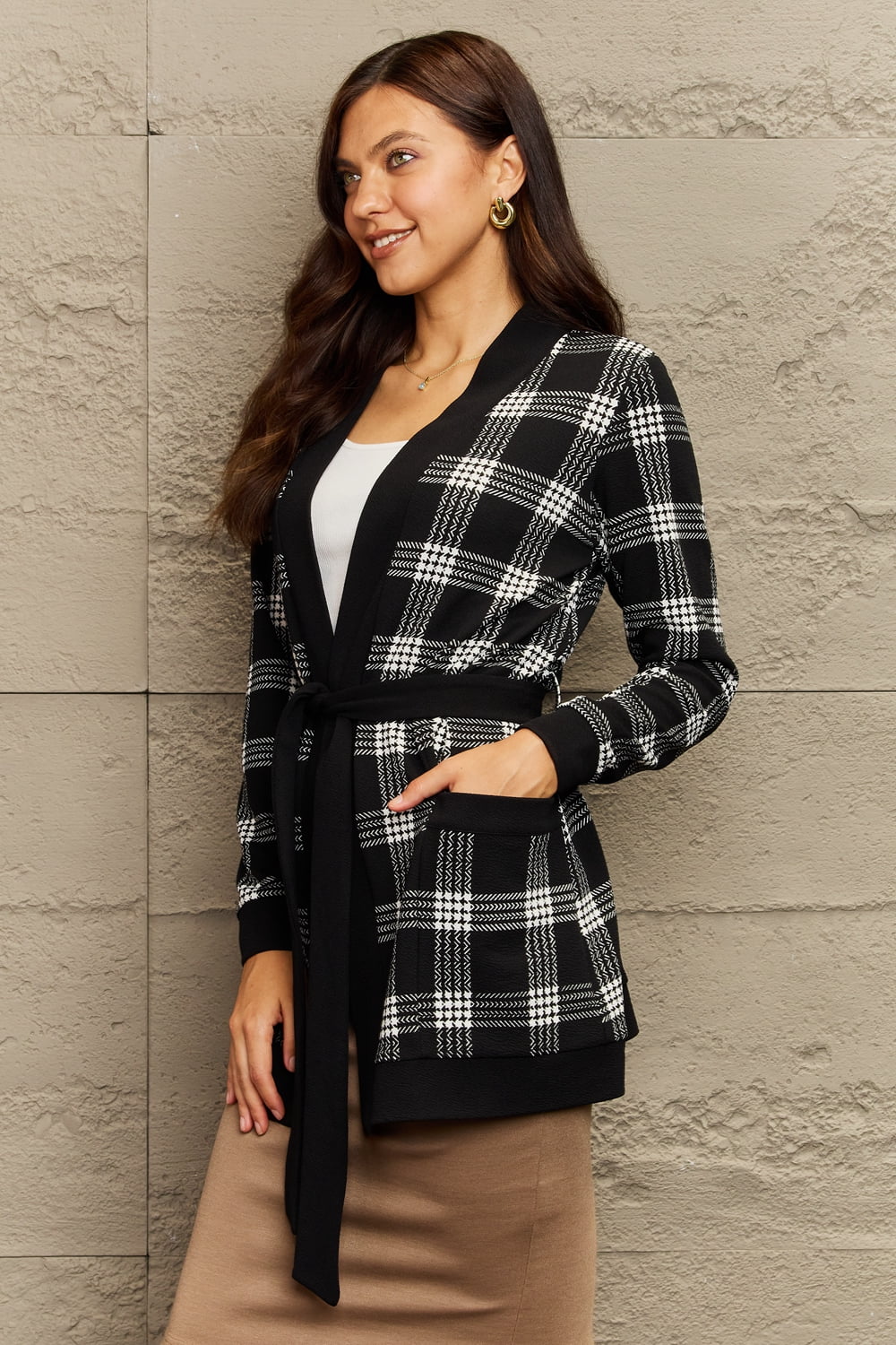 Ninexis Full Size Plaid Tie Waist Pocketed Cardigan BLUE ZONE PLANET