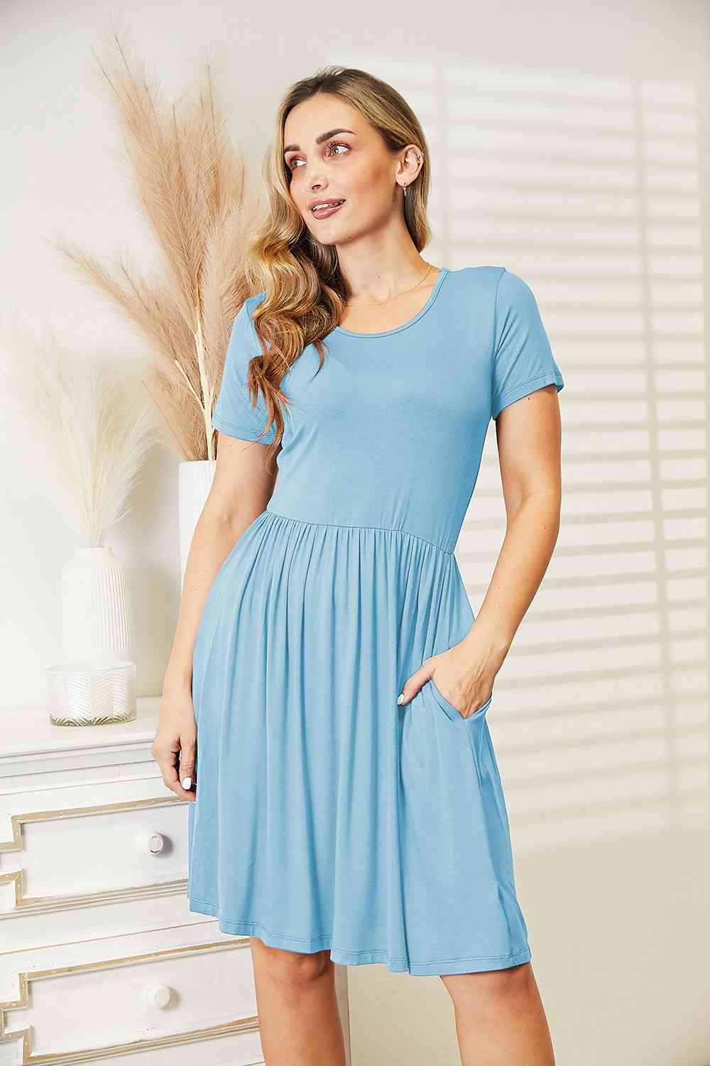 Ninexis Full Size Short Sleeve Dress with Pockets BLUE ZONE PLANET