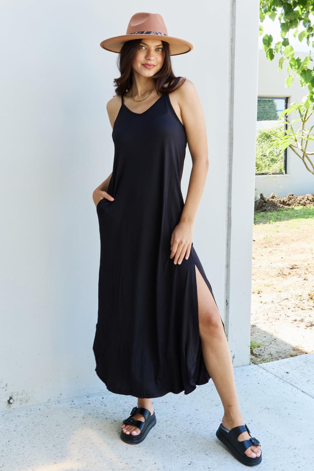 Ninexis Good Energy Full Size Cami Side Slit Maxi Dress in Black BLUE ZONE PLANET