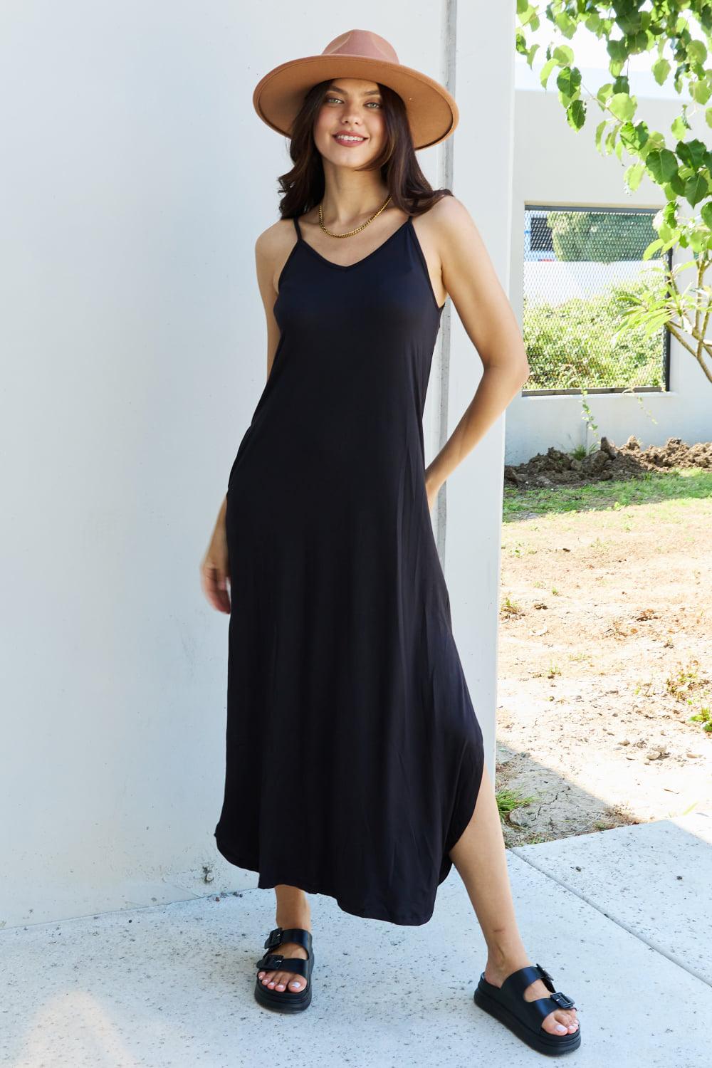 Ninexis Good Energy Full Size Cami Side Slit Maxi Dress in Black BLUE ZONE PLANET