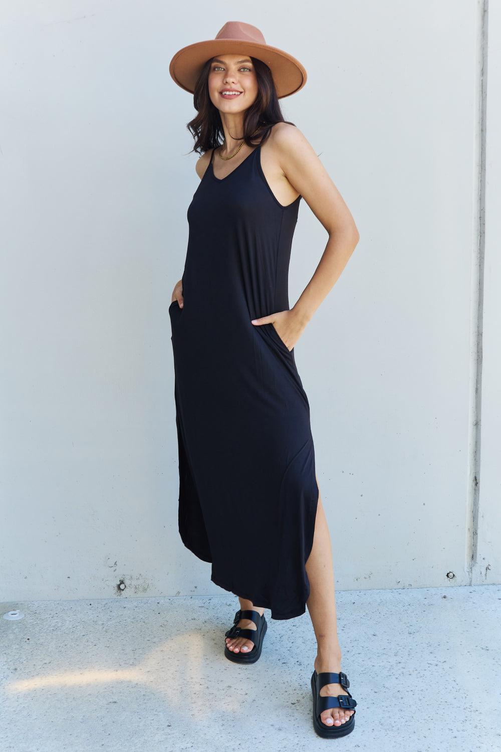 Ninexis Good Energy Full Size Cami Side Slit Maxi Dress in Black BLUE ZONE PLANET