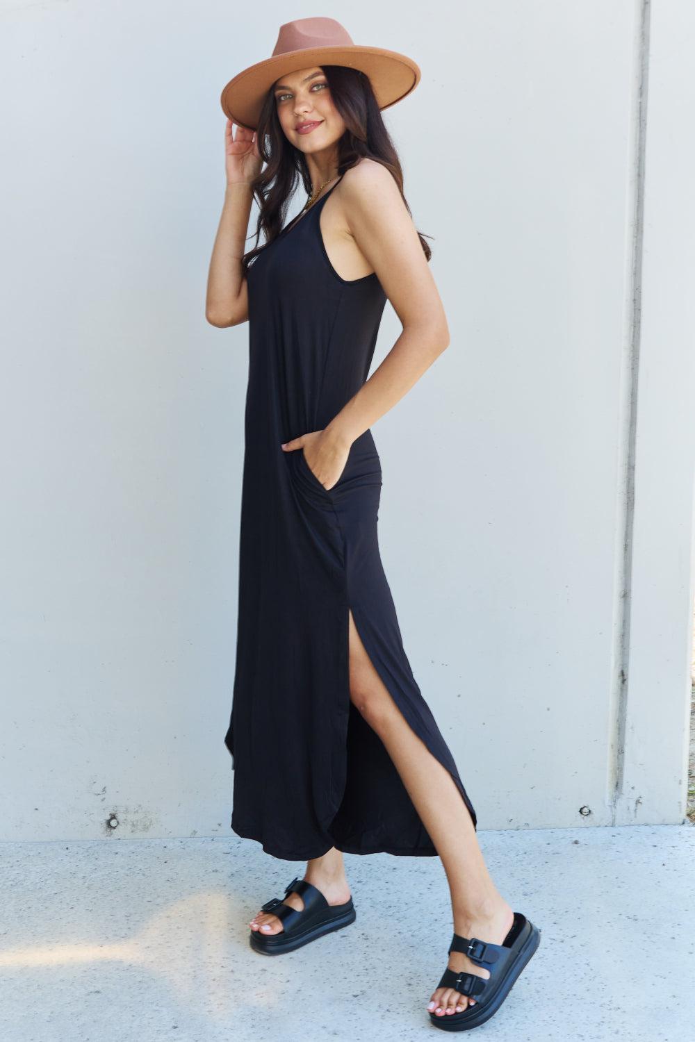 Ninexis Good Energy Full Size Cami Side Slit Maxi Dress in Black BLUE ZONE PLANET