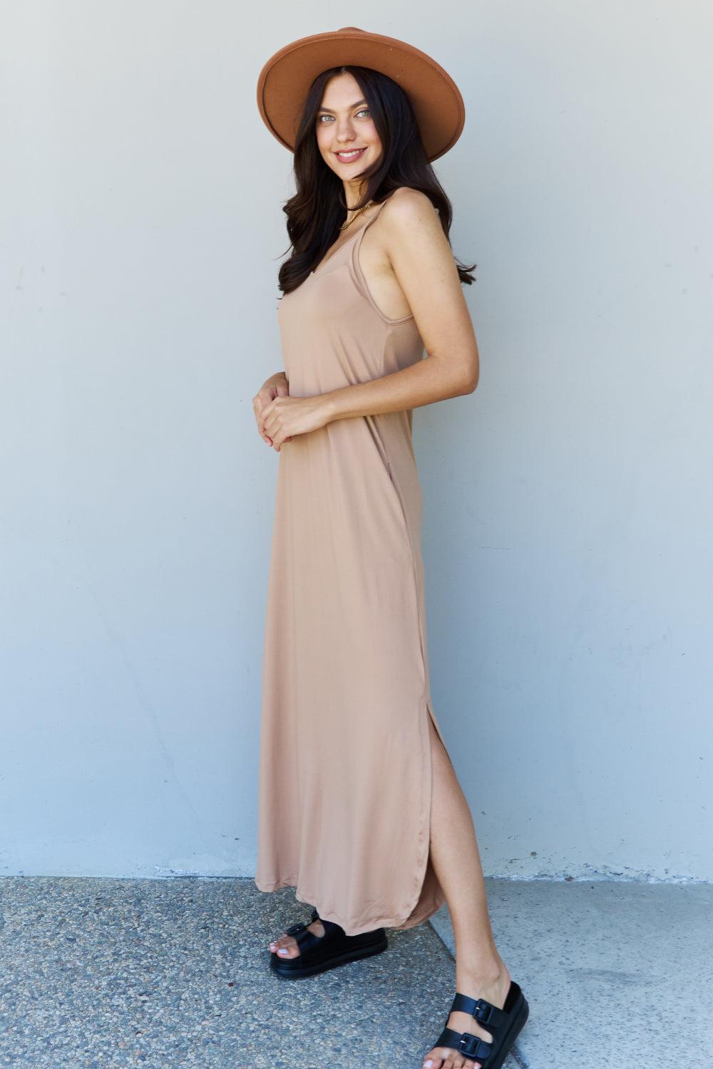 Ninexis Good Energy Full Size Cami Side Slit Maxi Dress in Camel BLUE ZONE PLANET