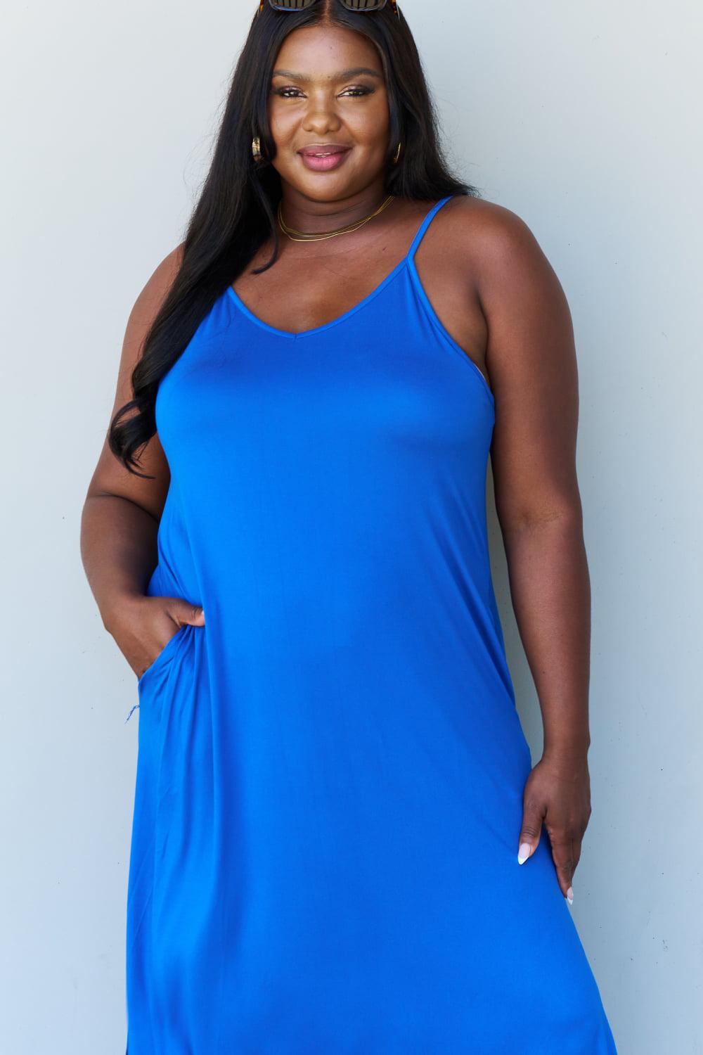 Ninexis Good Energy Full Size Cami Side Slit Maxi Dress in Royal Blue BLUE ZONE PLANET