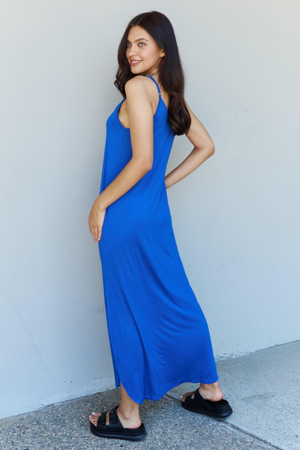 Ninexis Good Energy Full Size Cami Side Slit Maxi Dress in Royal Blue BLUE ZONE PLANET