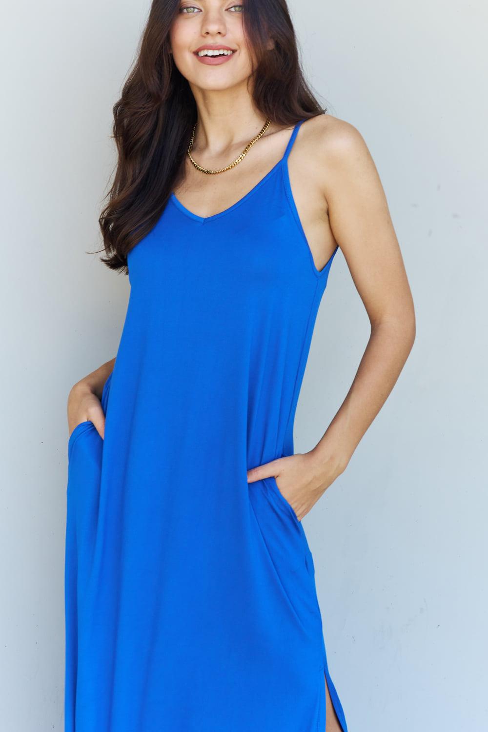 Ninexis Good Energy Full Size Cami Side Slit Maxi Dress in Royal Blue BLUE ZONE PLANET