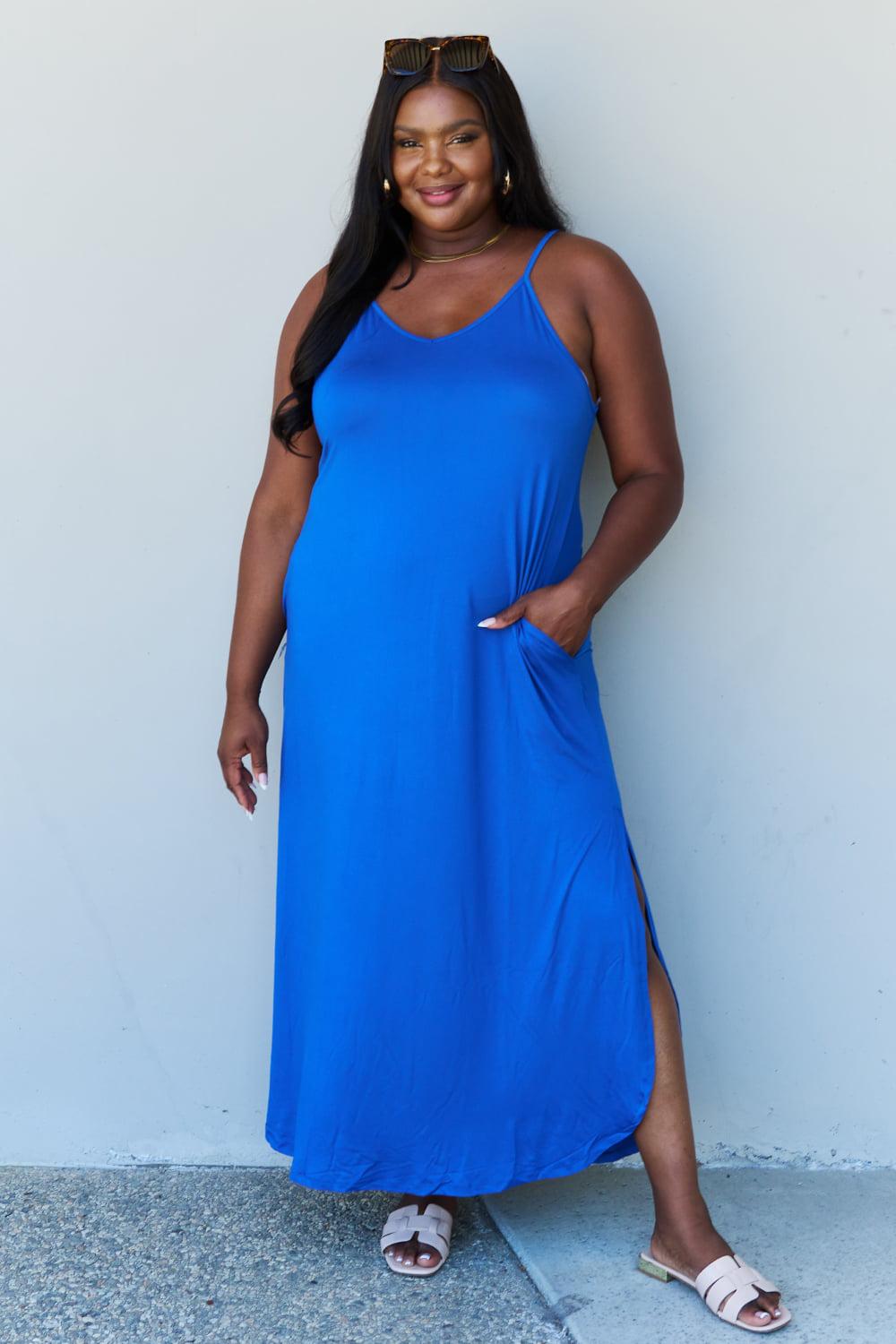 Ninexis Good Energy Full Size Cami Side Slit Maxi Dress in Royal Blue BLUE ZONE PLANET