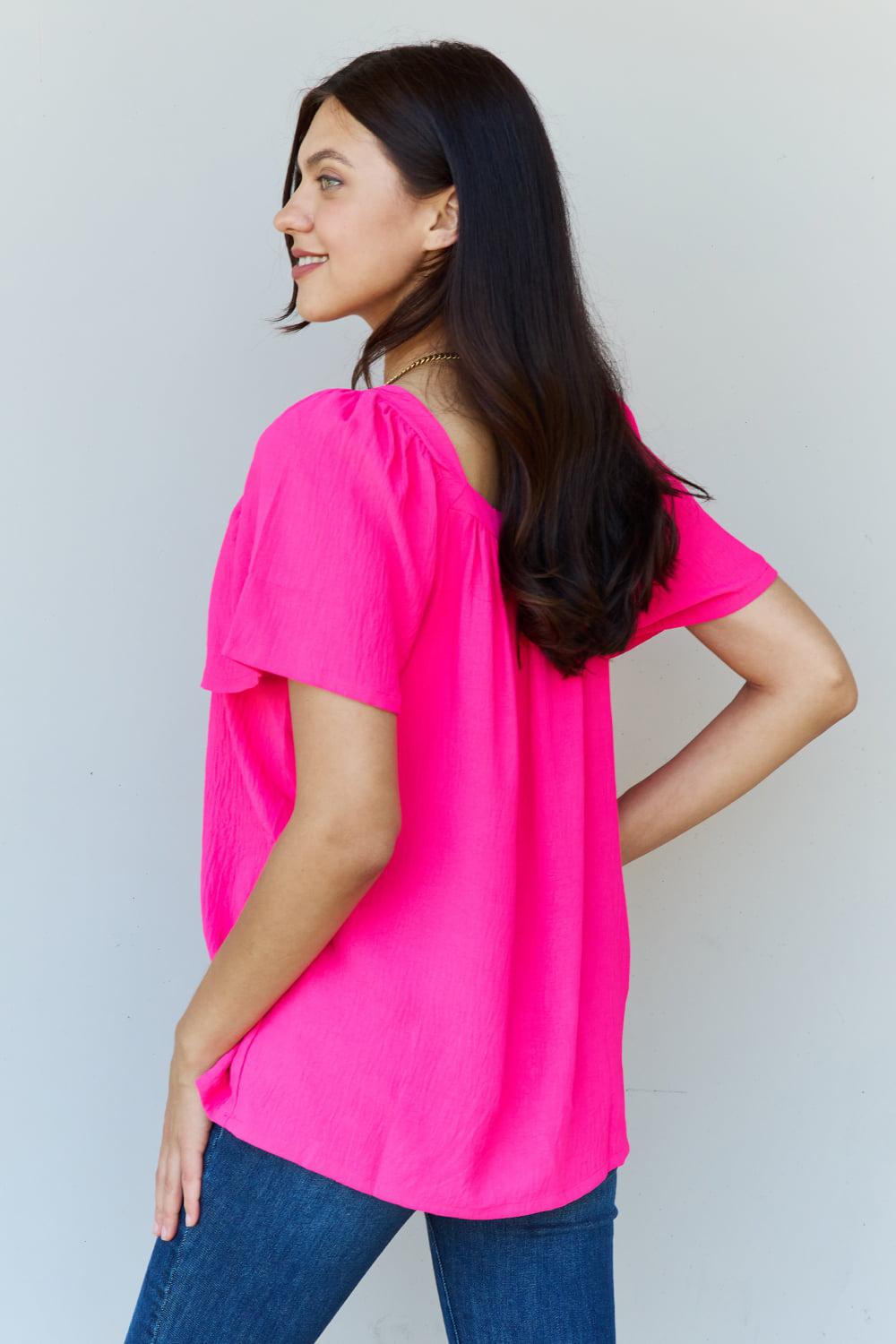 Ninexis Keep Me Close Square Neck Short Sleeve Blouse in Fuchsia BLUE ZONE PLANET