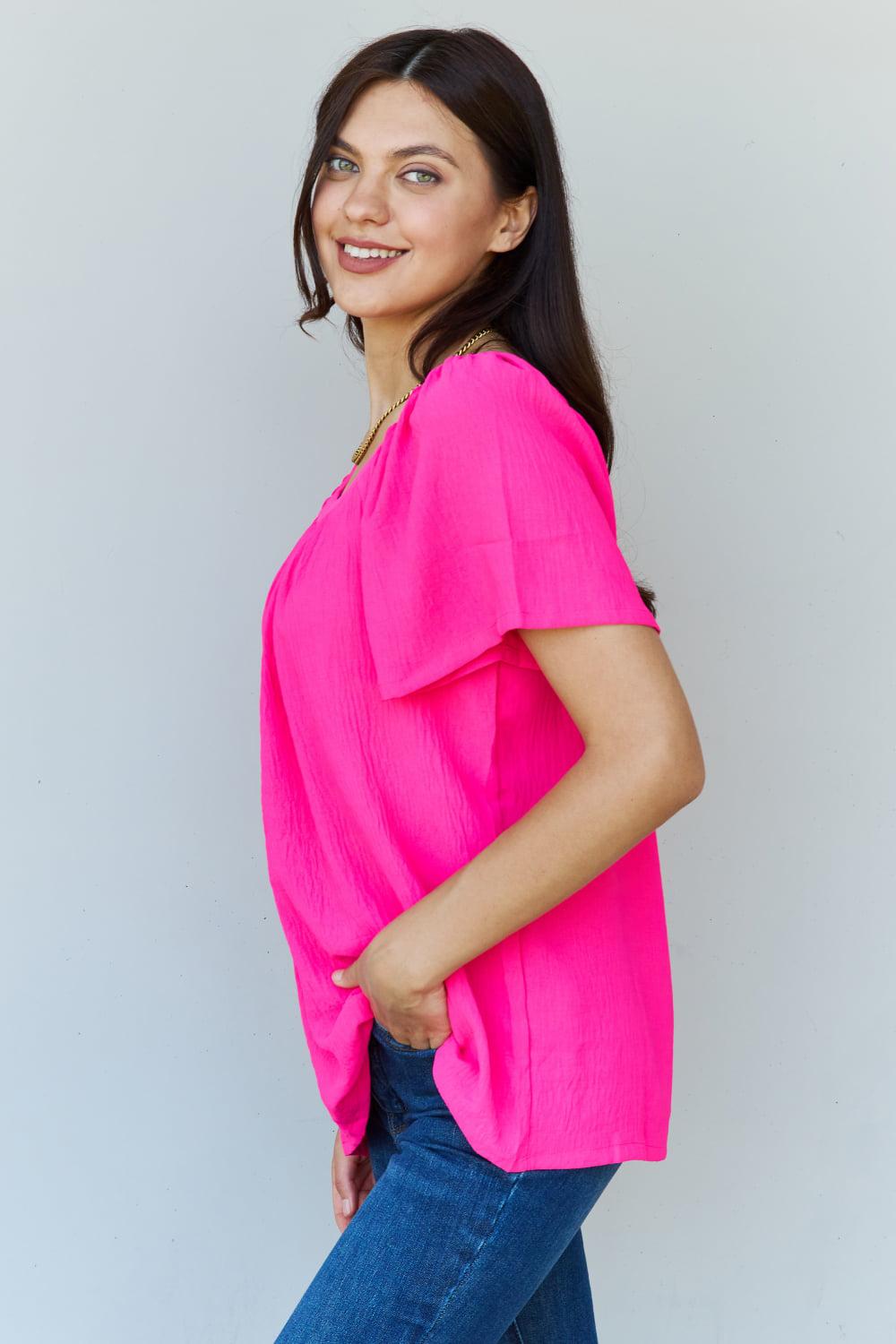 Ninexis Keep Me Close Square Neck Short Sleeve Blouse in Fuchsia BLUE ZONE PLANET