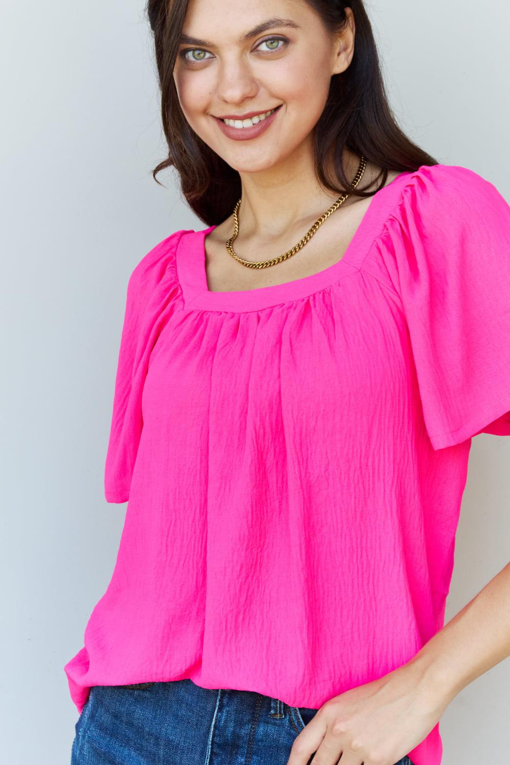 Ninexis Keep Me Close Square Neck Short Sleeve Blouse in Fuchsia BLUE ZONE PLANET