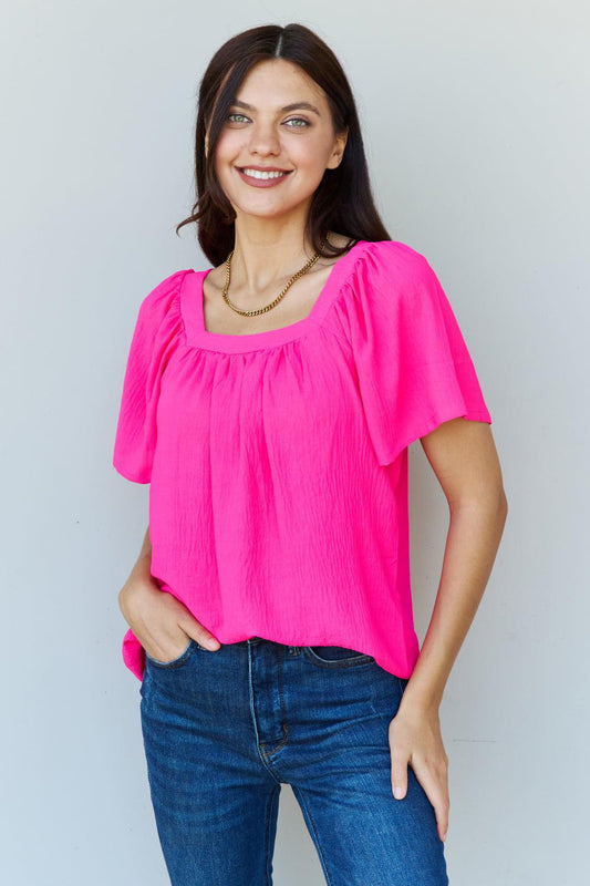 Ninexis Keep Me Close Square Neck Short Sleeve Blouse in Fuchsia BLUE ZONE PLANET