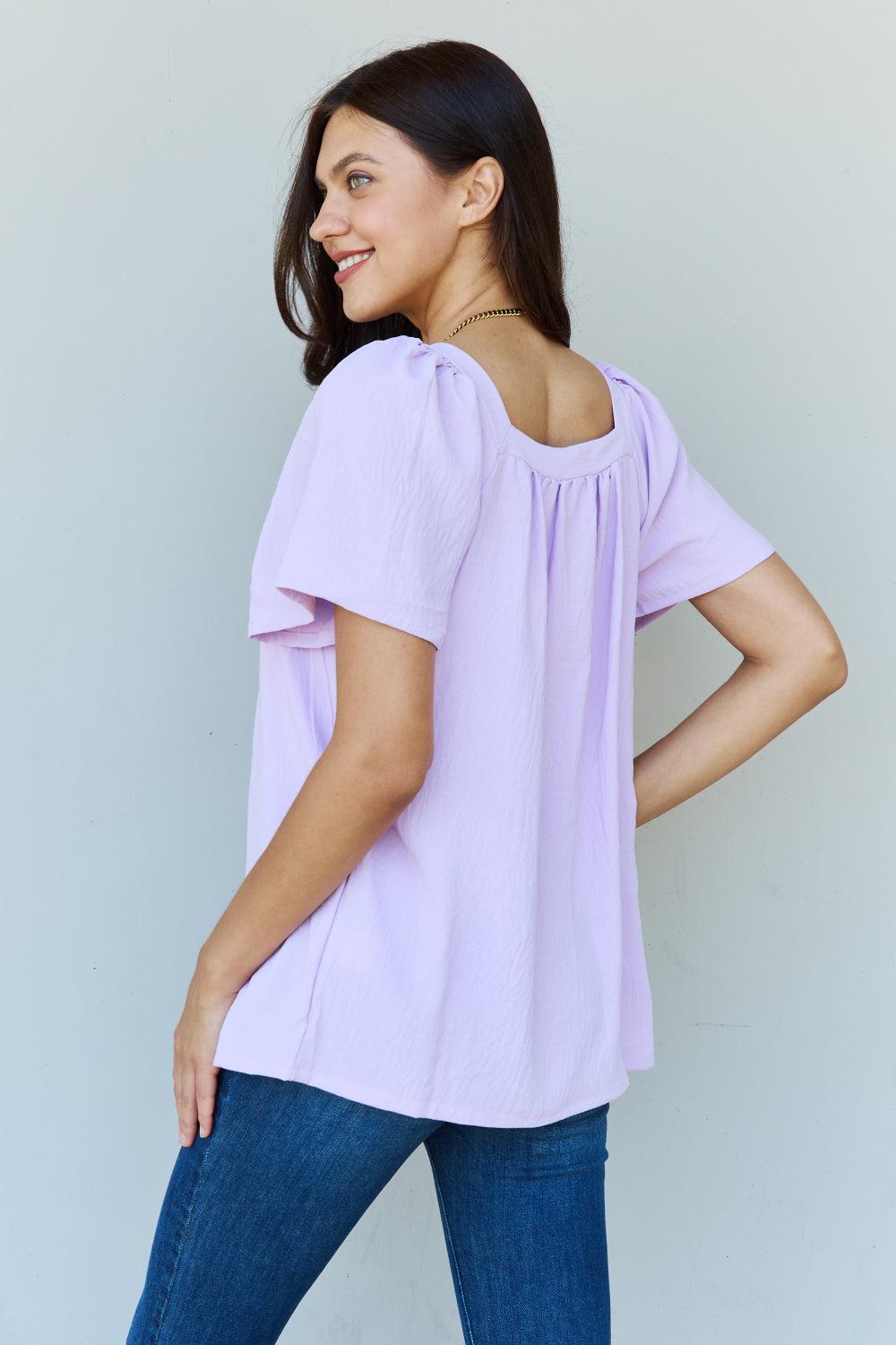 Ninexis Keep Me Close Square Neck Short Sleeve Blouse in Lavender BLUE ZONE PLANET