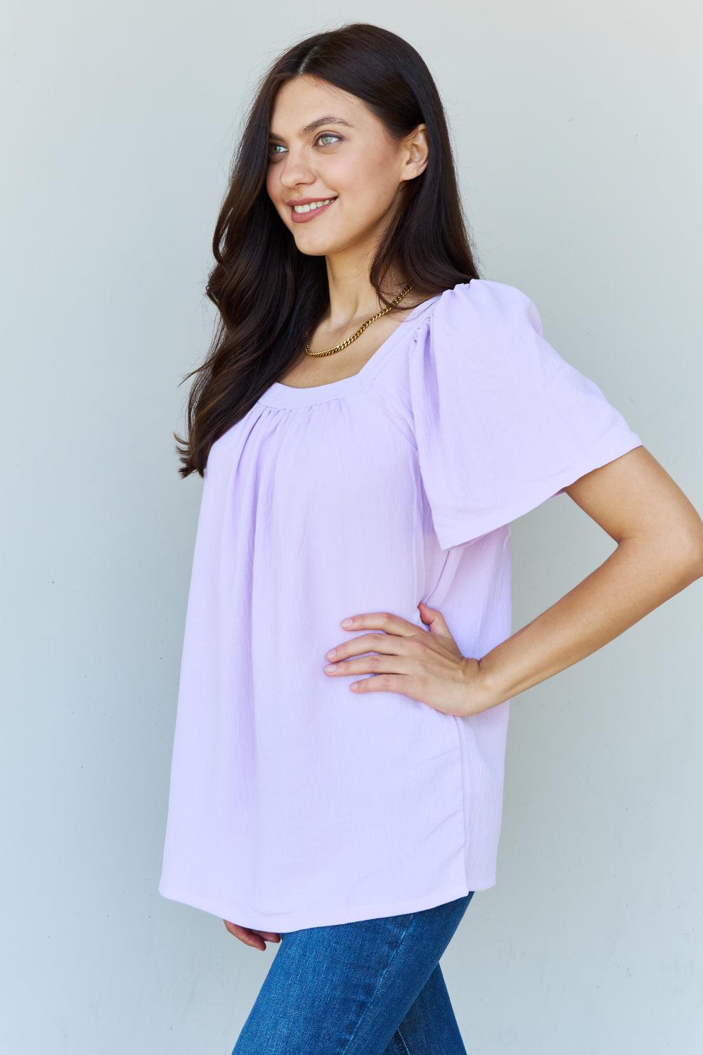 Ninexis Keep Me Close Square Neck Short Sleeve Blouse in Lavender BLUE ZONE PLANET