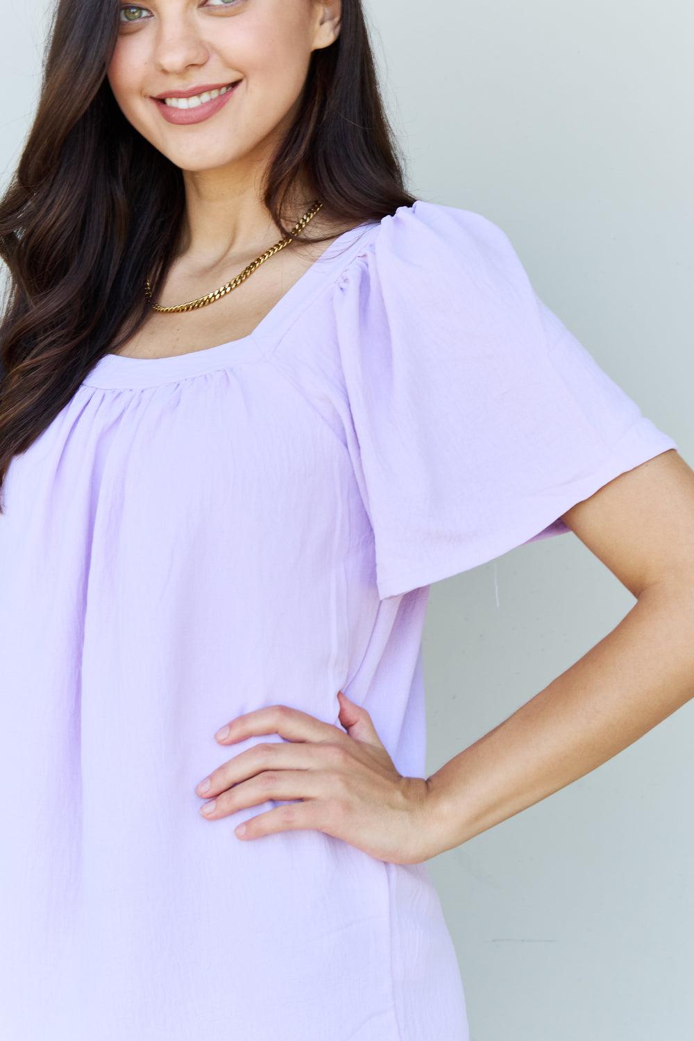 Ninexis Keep Me Close Square Neck Short Sleeve Blouse in Lavender BLUE ZONE PLANET