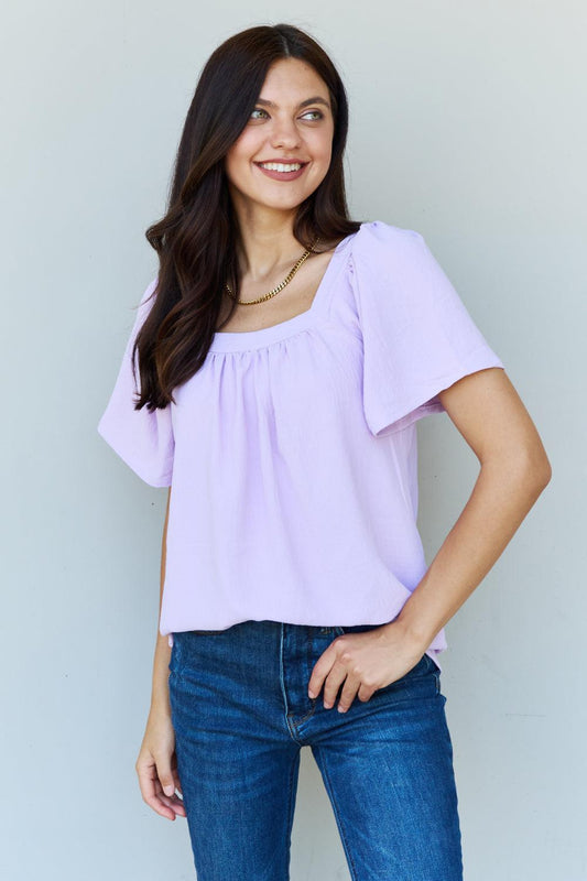 Ninexis Keep Me Close Square Neck Short Sleeve Blouse in Lavender BLUE ZONE PLANET