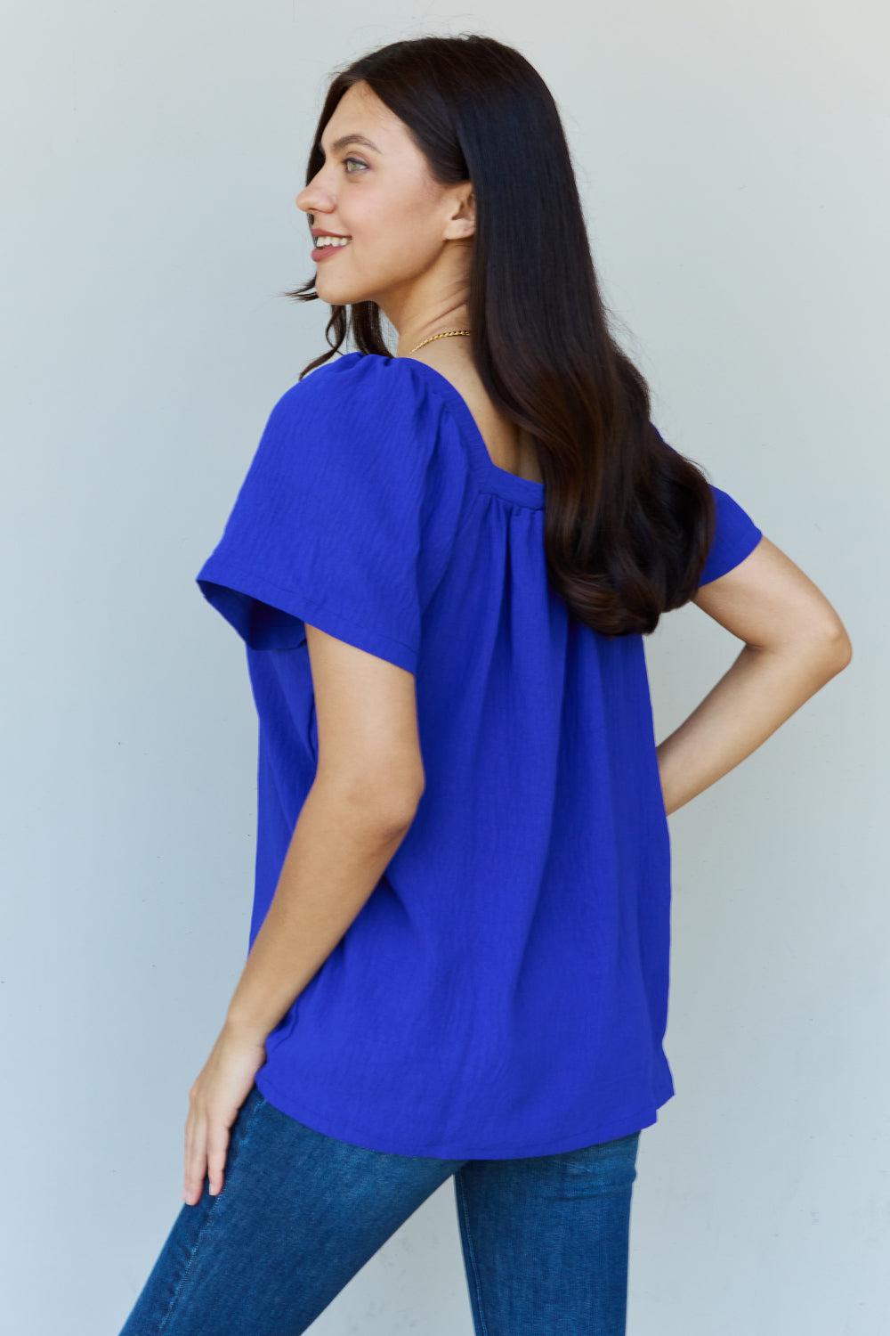Ninexis Keep Me Close Square Neck Short Sleeve Blouse in Royal BLUE ZONE PLANET