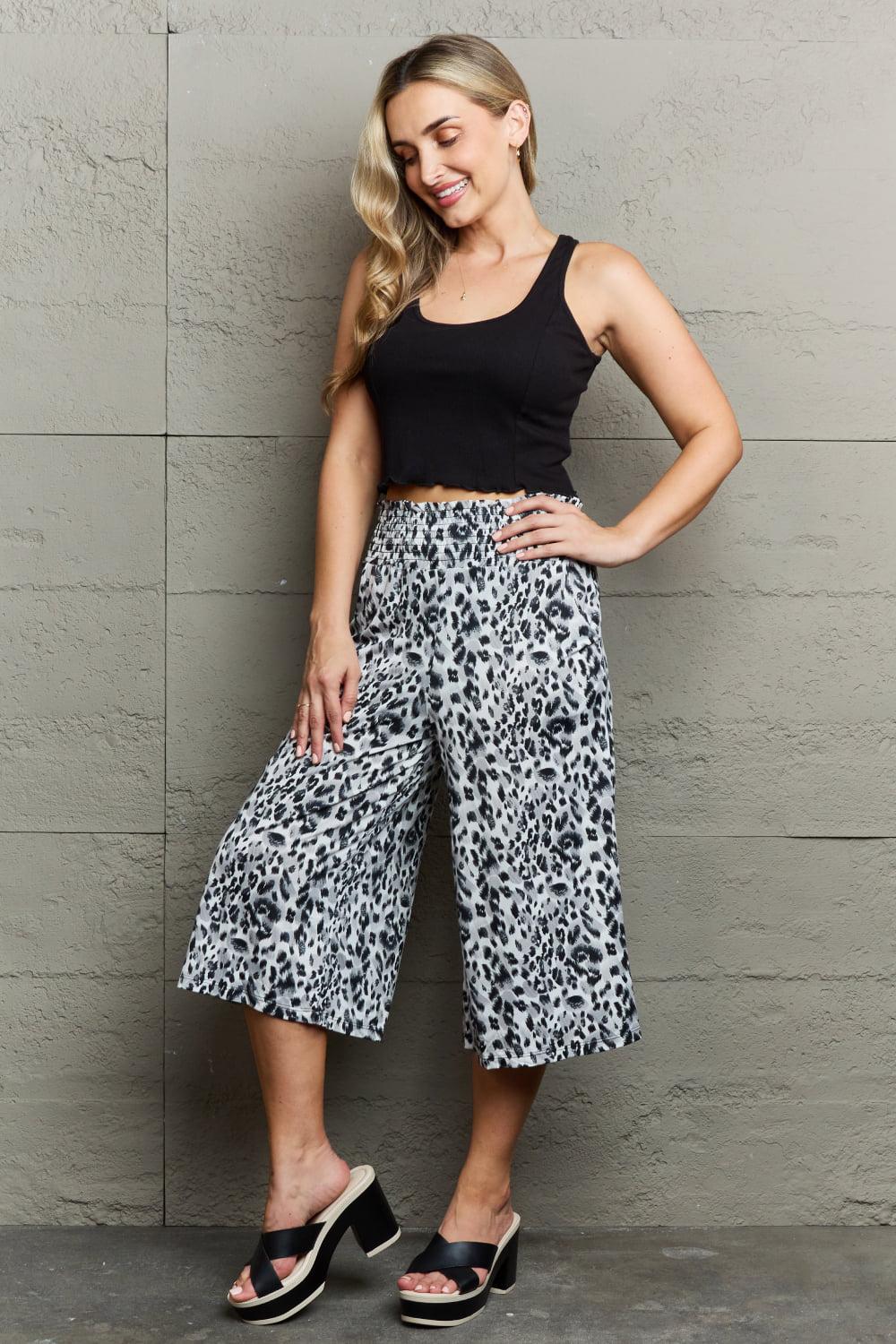 Ninexis Leopard High Waist Flowy Wide Leg Pants with Pockets BLUE ZONE PLANET