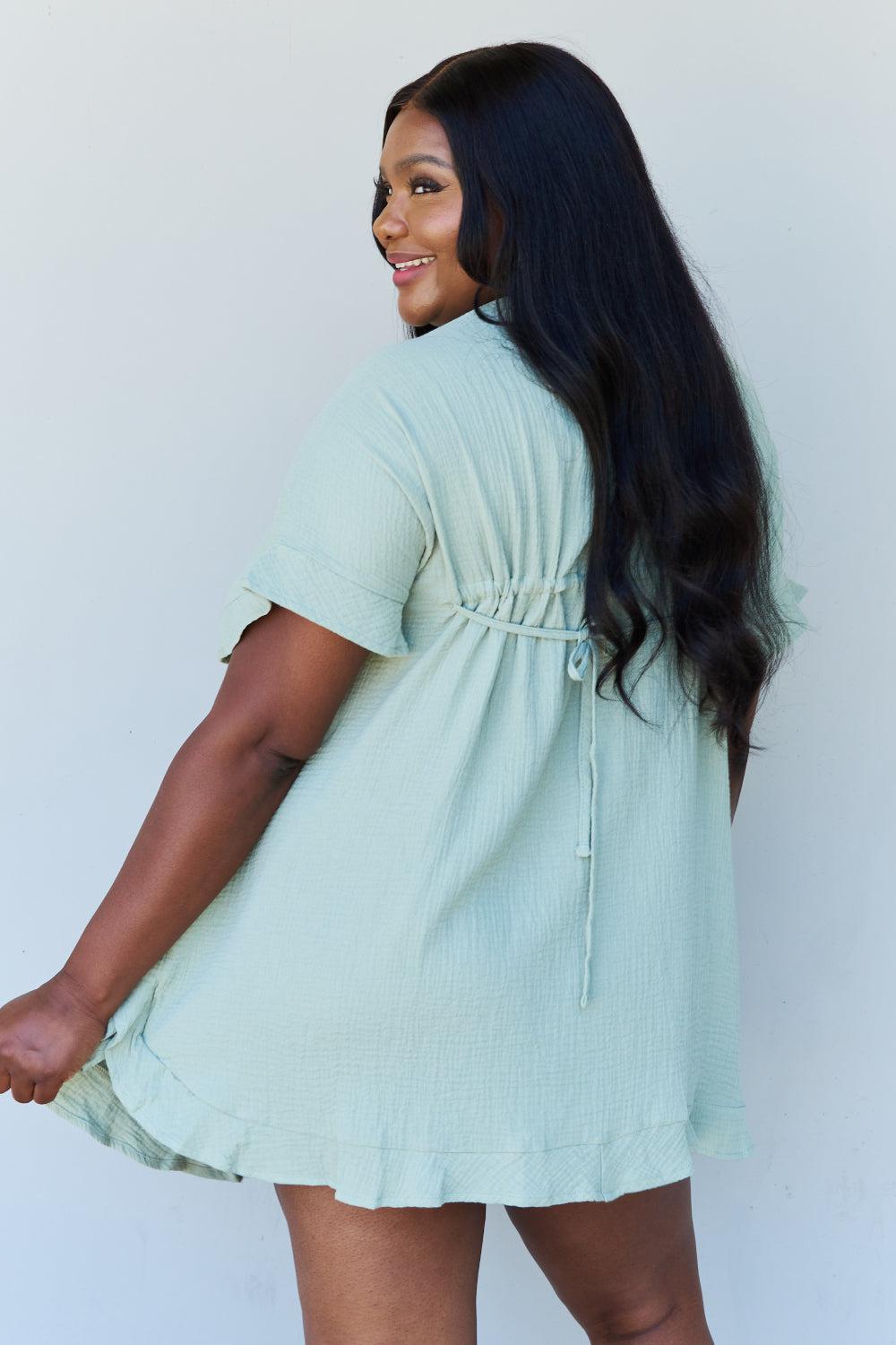 Ninexis Out Of Time Full Size Ruffle Hem Dress with Drawstring Waistband in Light Sage BLUE ZONE PLANET