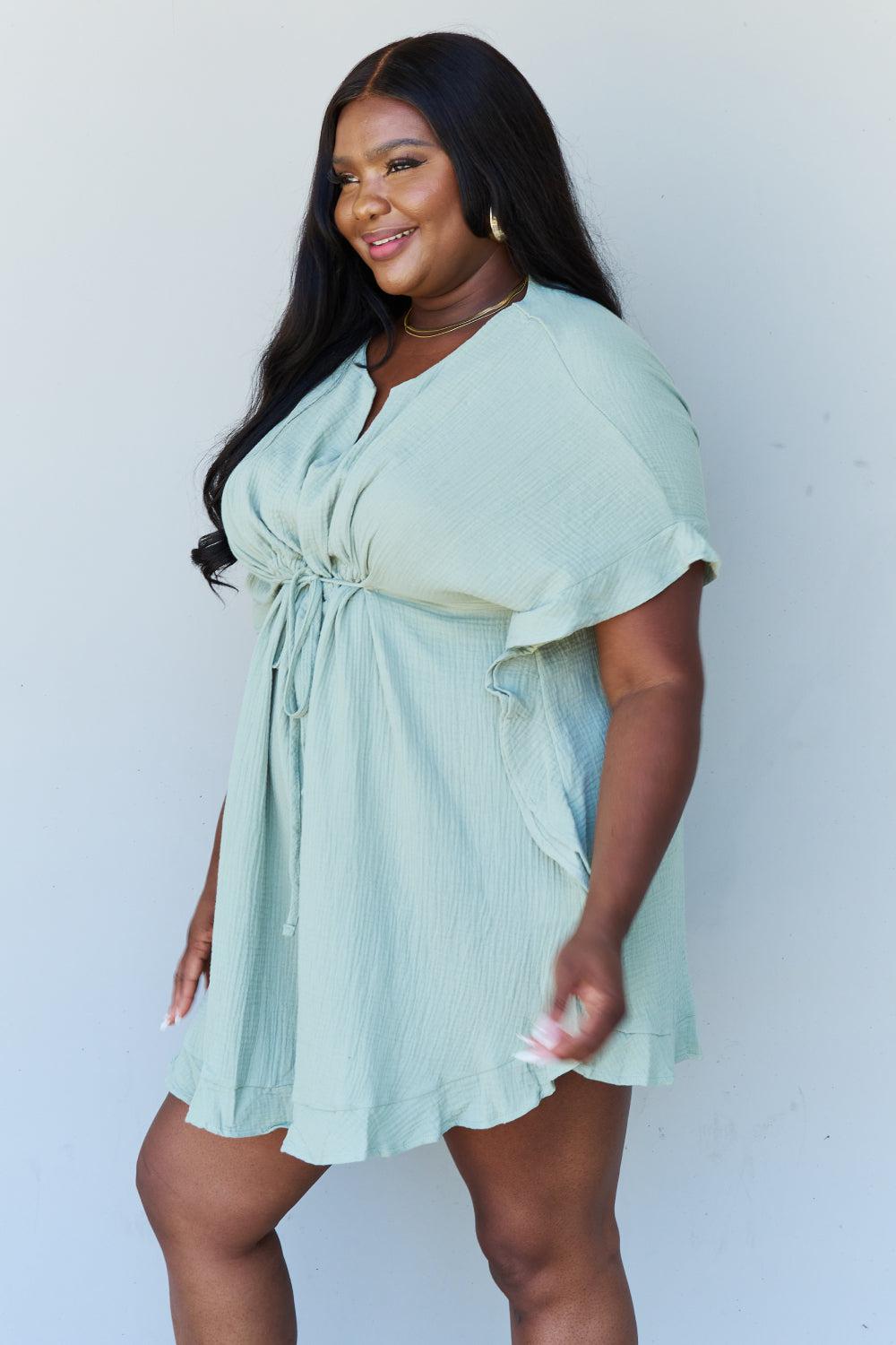 Ninexis Out Of Time Full Size Ruffle Hem Dress with Drawstring Waistband in Light Sage BLUE ZONE PLANET