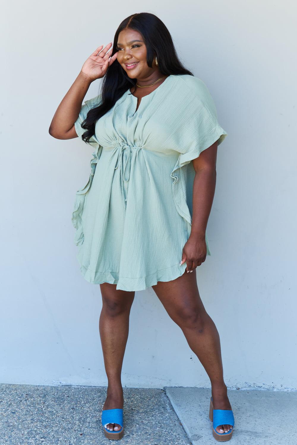 Ninexis Out Of Time Full Size Ruffle Hem Dress with Drawstring Waistband in Light Sage BLUE ZONE PLANET