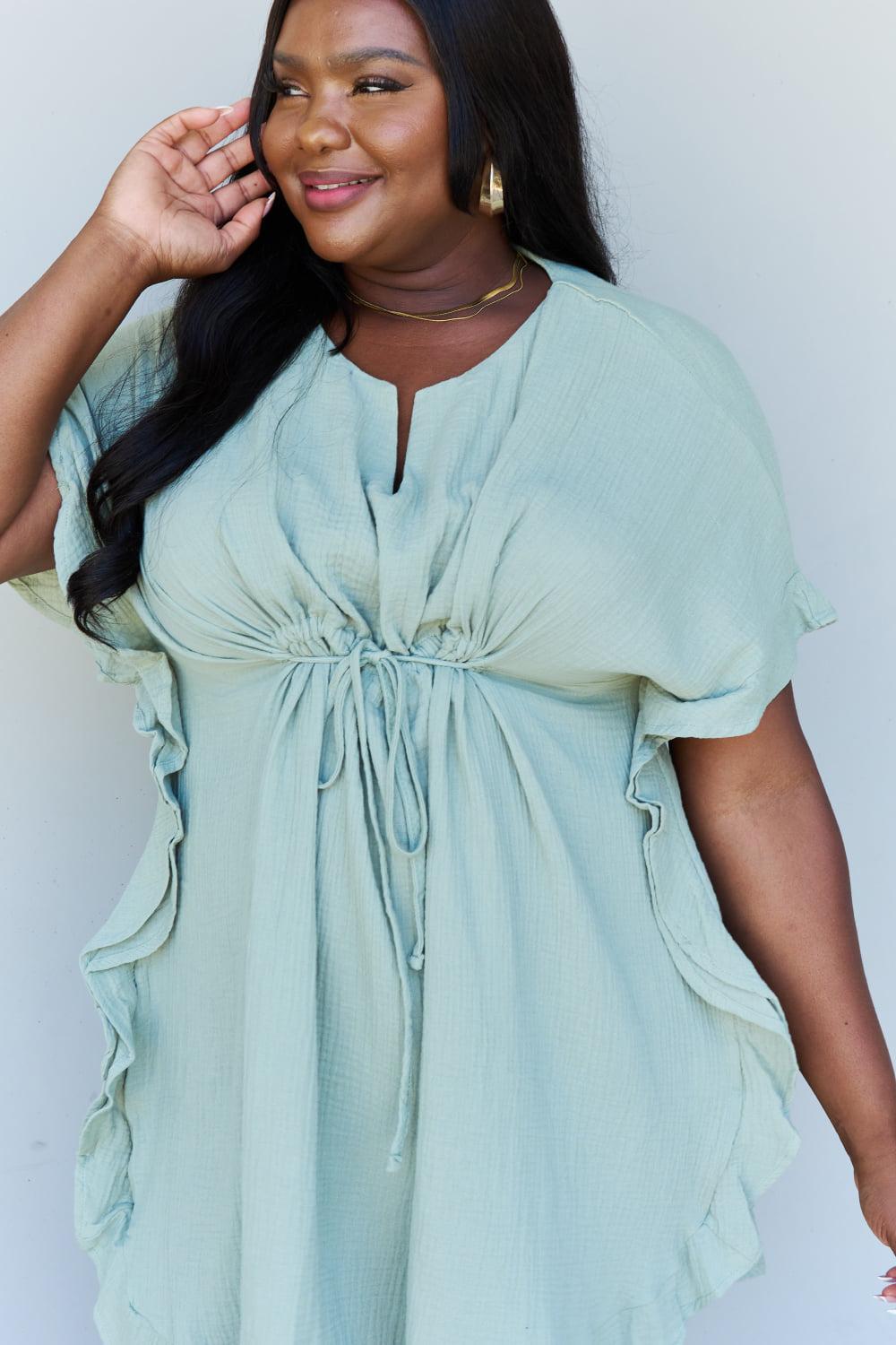 Ninexis Out Of Time Full Size Ruffle Hem Dress with Drawstring Waistband in Light Sage BLUE ZONE PLANET