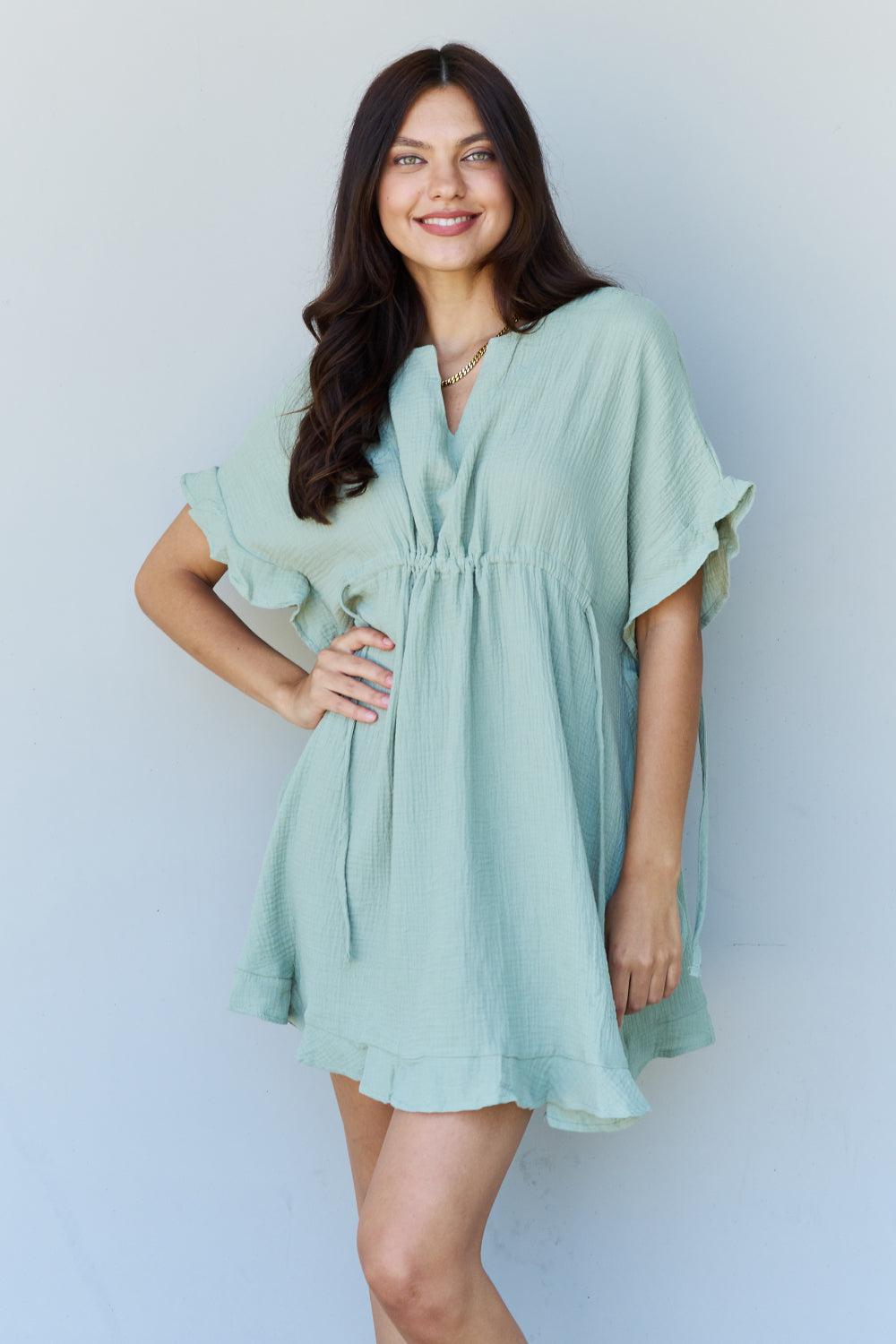 Ninexis Out Of Time Full Size Ruffle Hem Dress with Drawstring Waistband in Light Sage BLUE ZONE PLANET