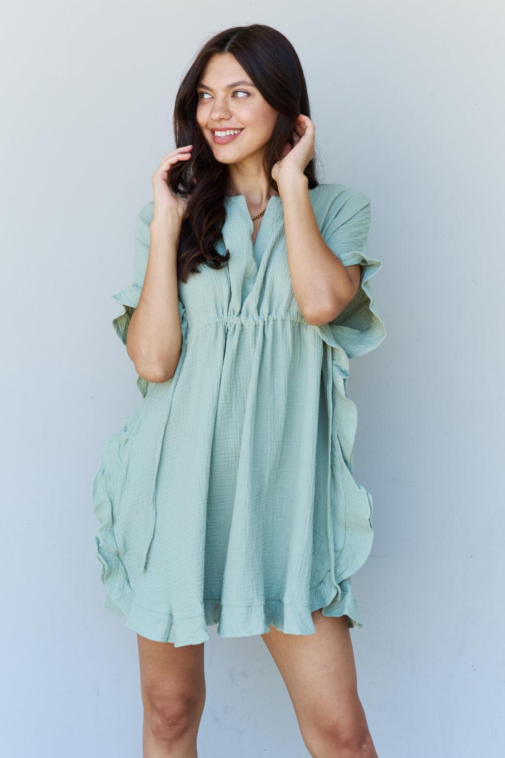 Ninexis Out Of Time Full Size Ruffle Hem Dress with Drawstring Waistband in Light Sage BLUE ZONE PLANET