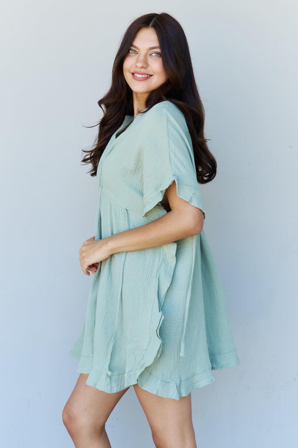 Ninexis Out Of Time Full Size Ruffle Hem Dress with Drawstring Waistband in Light Sage BLUE ZONE PLANET