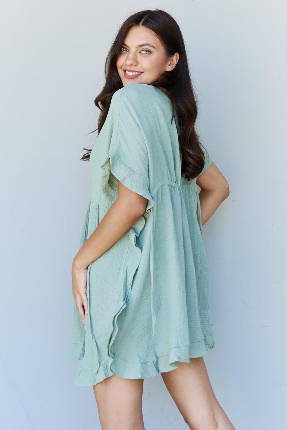 Ninexis Out Of Time Full Size Ruffle Hem Dress with Drawstring Waistband in Light Sage BLUE ZONE PLANET