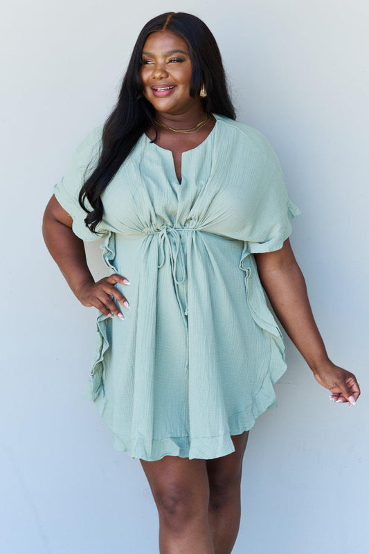 Ninexis Out Of Time Full Size Ruffle Hem Dress with Drawstring Waistband in Light Sage BLUE ZONE PLANET