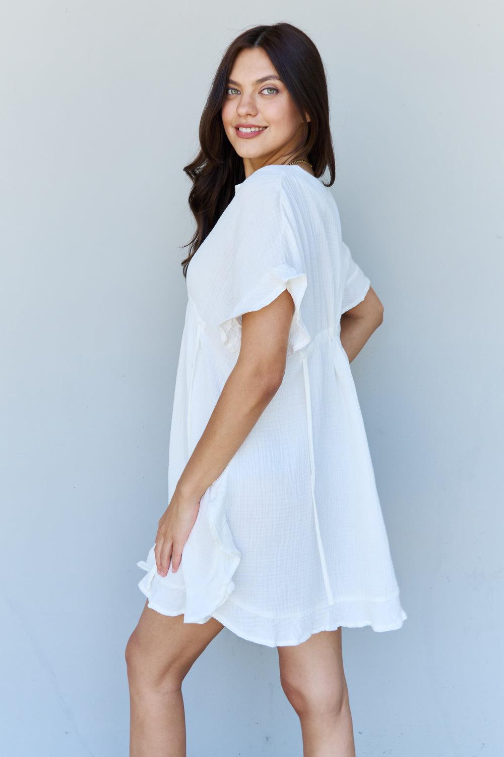 Ninexis Out Of Time Full Size Ruffle Hem Dress with Drawstring Waistband in White BLUE ZONE PLANET