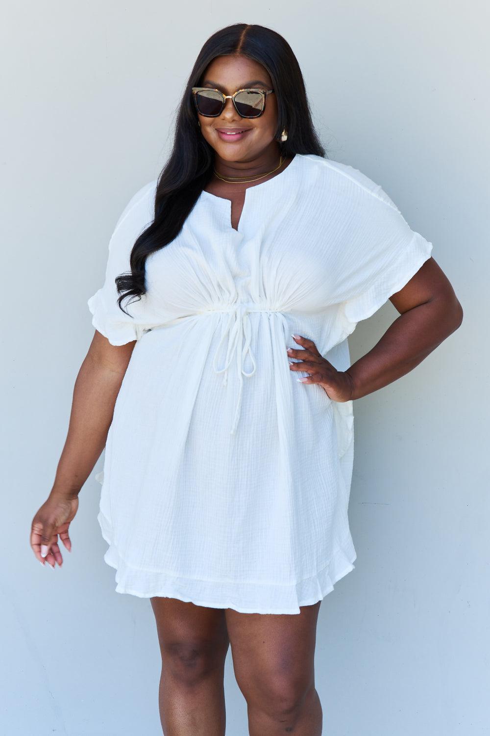 Ninexis Out Of Time Full Size Ruffle Hem Dress with Drawstring Waistband in White BLUE ZONE PLANET