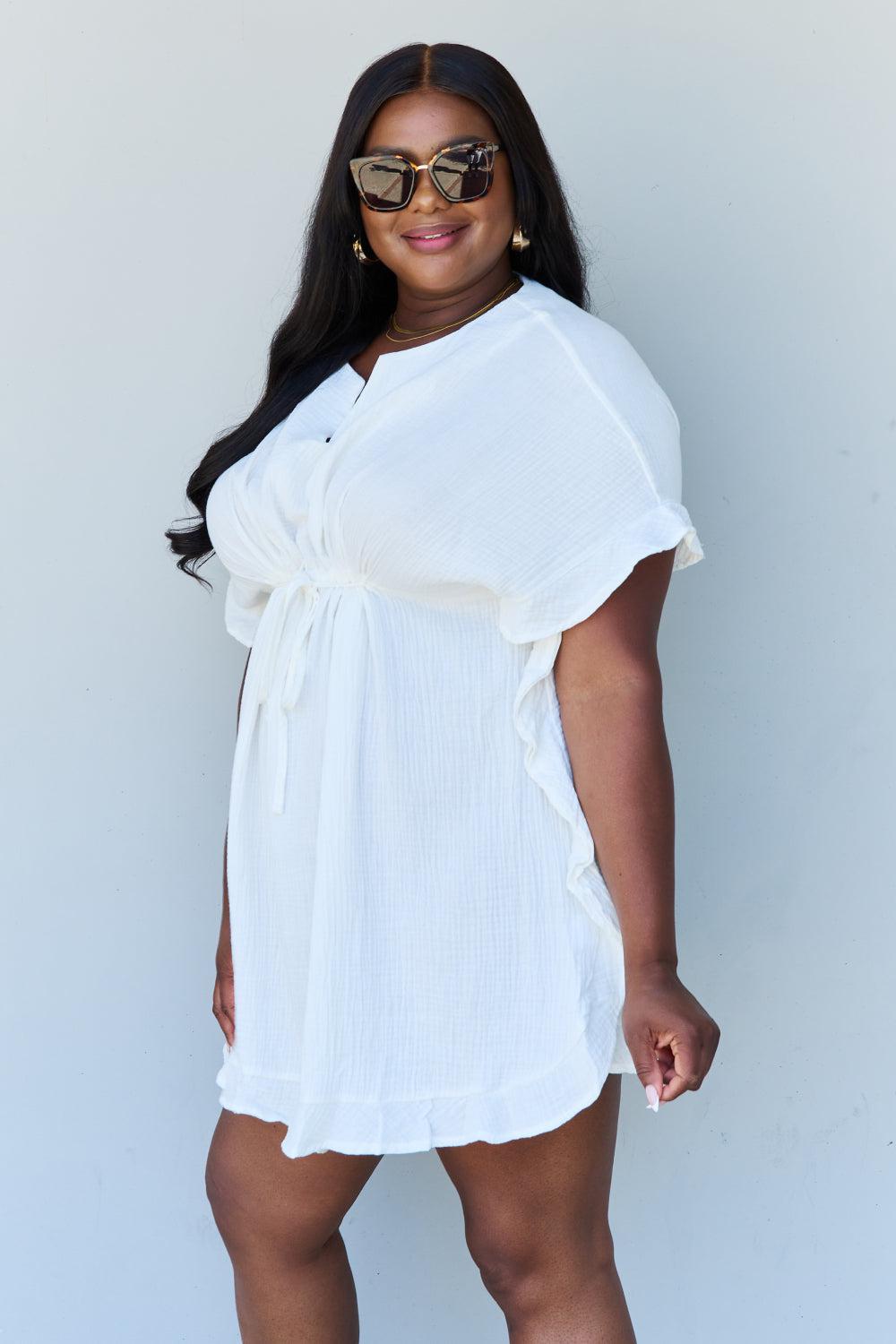 Ninexis Out Of Time Full Size Ruffle Hem Dress with Drawstring Waistband in White BLUE ZONE PLANET