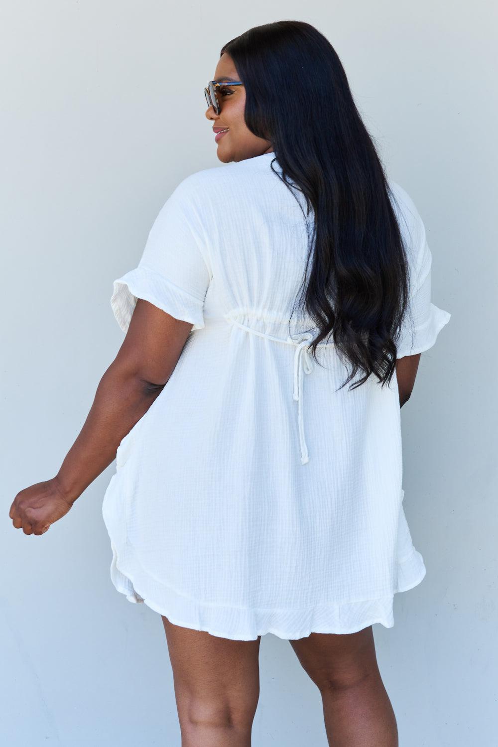 Ninexis Out Of Time Full Size Ruffle Hem Dress with Drawstring Waistband in White BLUE ZONE PLANET