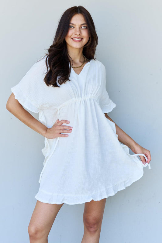 Ninexis Out Of Time Full Size Ruffle Hem Dress with Drawstring Waistband in White BLUE ZONE PLANET