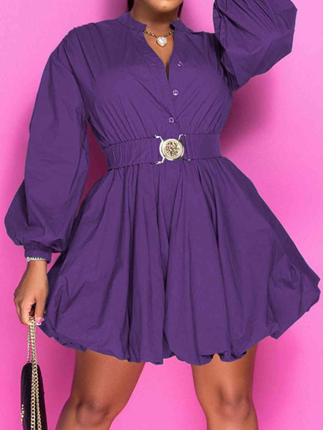 Notched Button Up Balloon Sleeves Dress BLUE ZONE PLANET