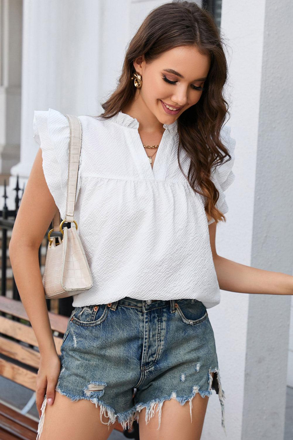 Notched Neck Butterfly Sleeve Blouse BLUE ZONE PLANET