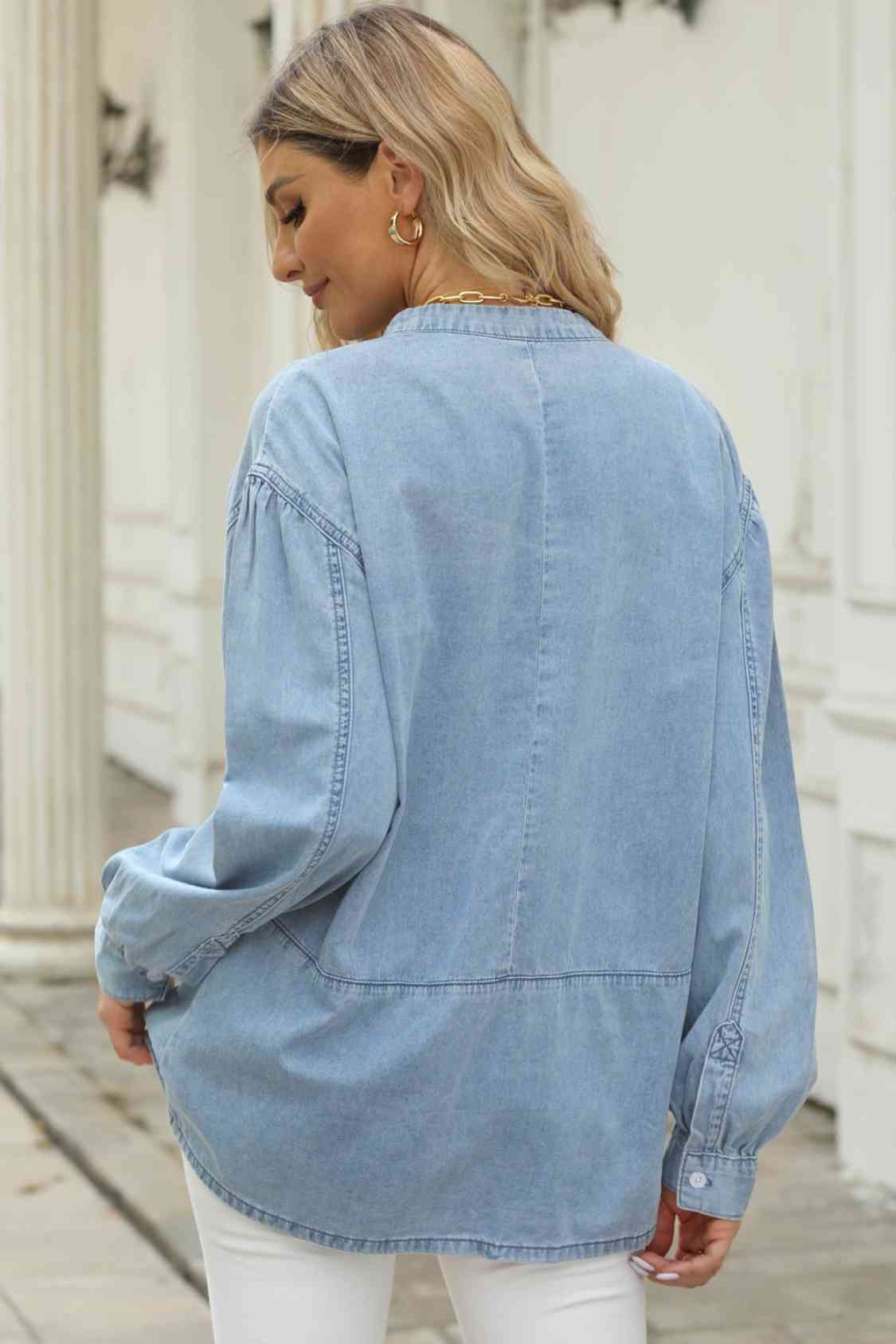 Notched Neck Denim Top BLUE ZONE PLANET