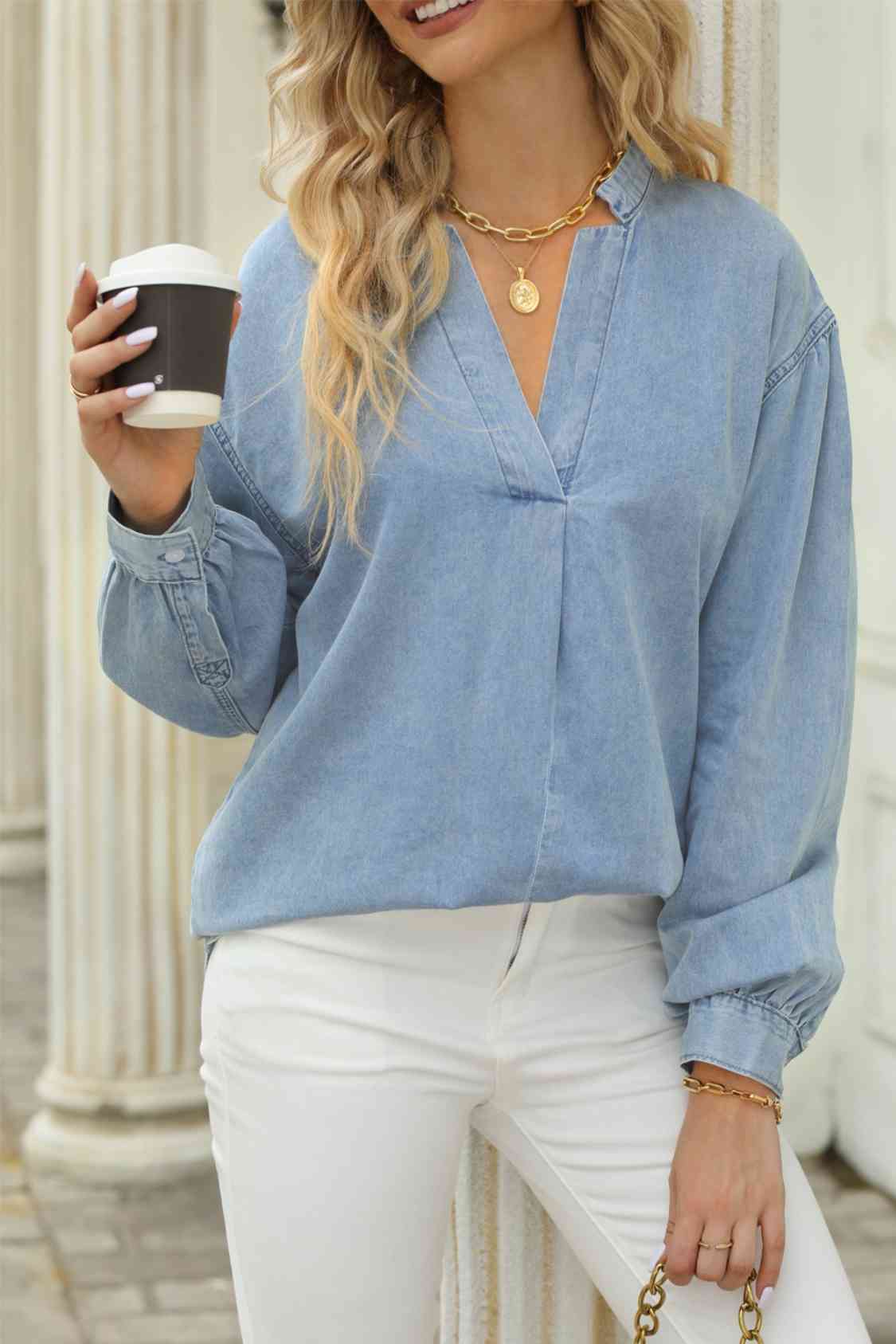 Notched Neck Denim Top BLUE ZONE PLANET