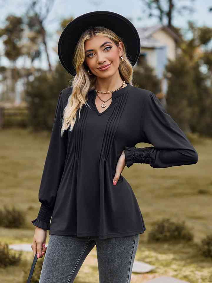 Notched Neck Flounce Sleeve Blouse BLUE ZONE PLANET