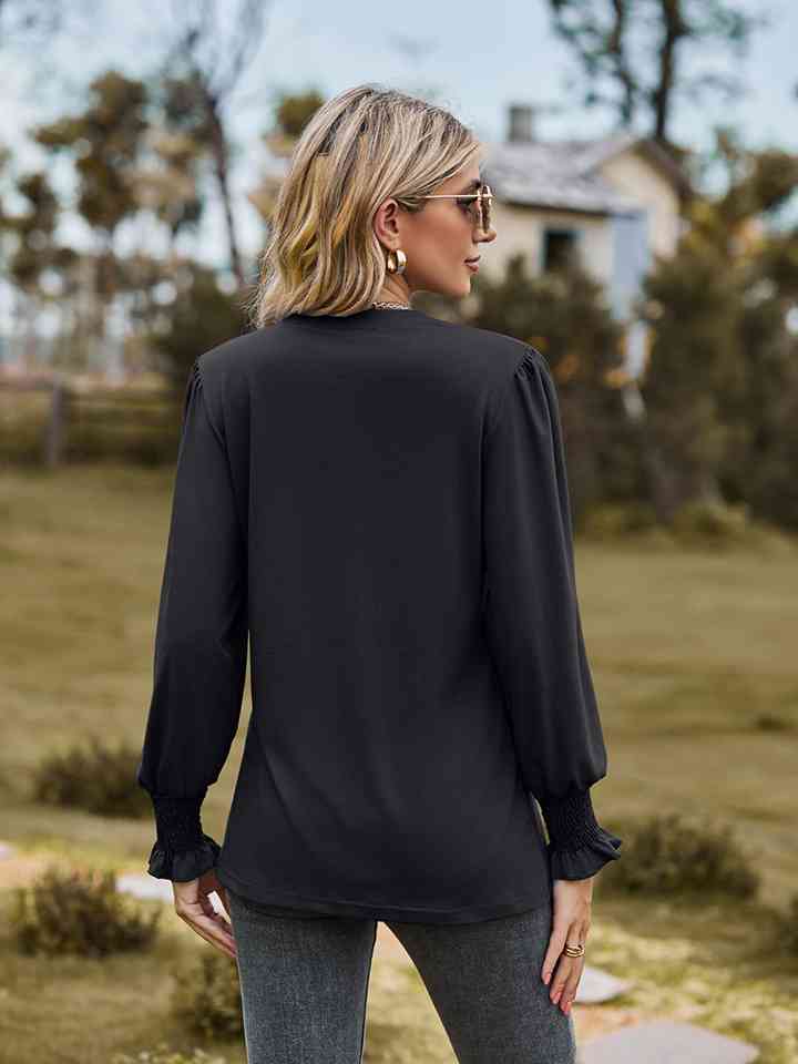 Notched Neck Flounce Sleeve Blouse BLUE ZONE PLANET