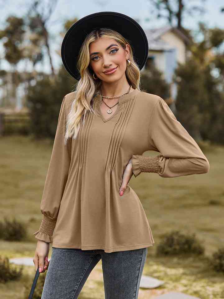 Notched Neck Flounce Sleeve Blouse BLUE ZONE PLANET