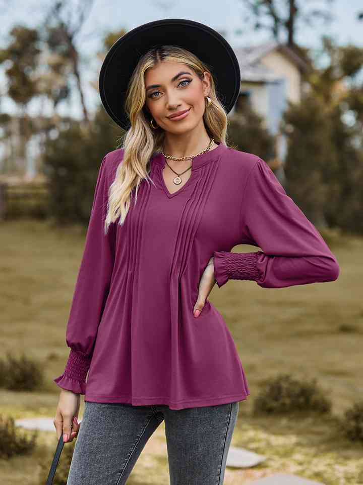 Notched Neck Flounce Sleeve Blouse BLUE ZONE PLANET