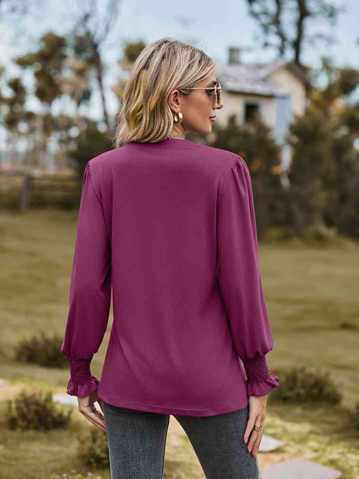 Notched Neck Flounce Sleeve Blouse BLUE ZONE PLANET