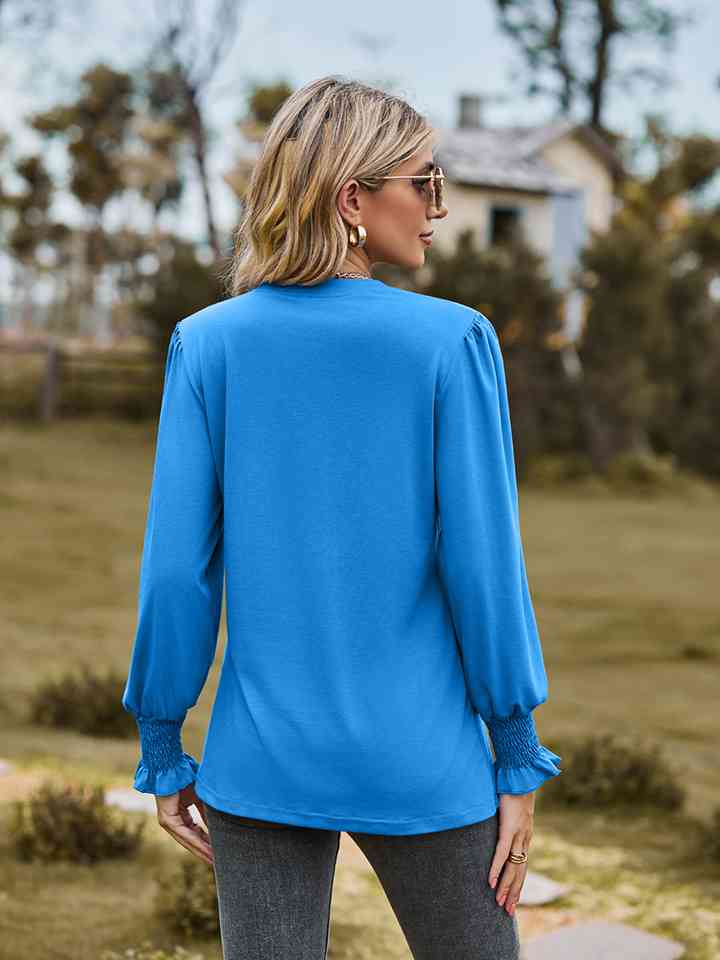 Notched Neck Flounce Sleeve Blouse BLUE ZONE PLANET