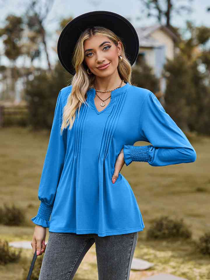 Notched Neck Flounce Sleeve Blouse BLUE ZONE PLANET