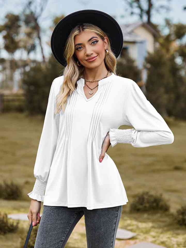 Notched Neck Flounce Sleeve Blouse BLUE ZONE PLANET